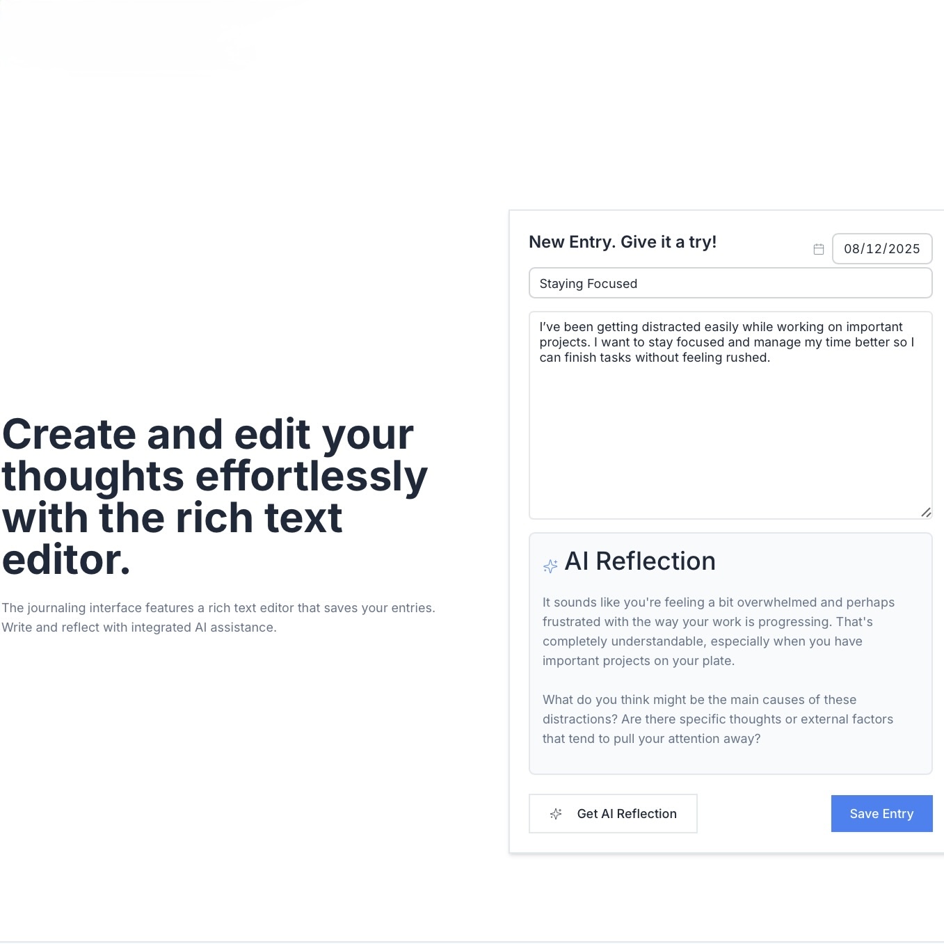 Journal Editor interface showing AI-assisted writing prompts